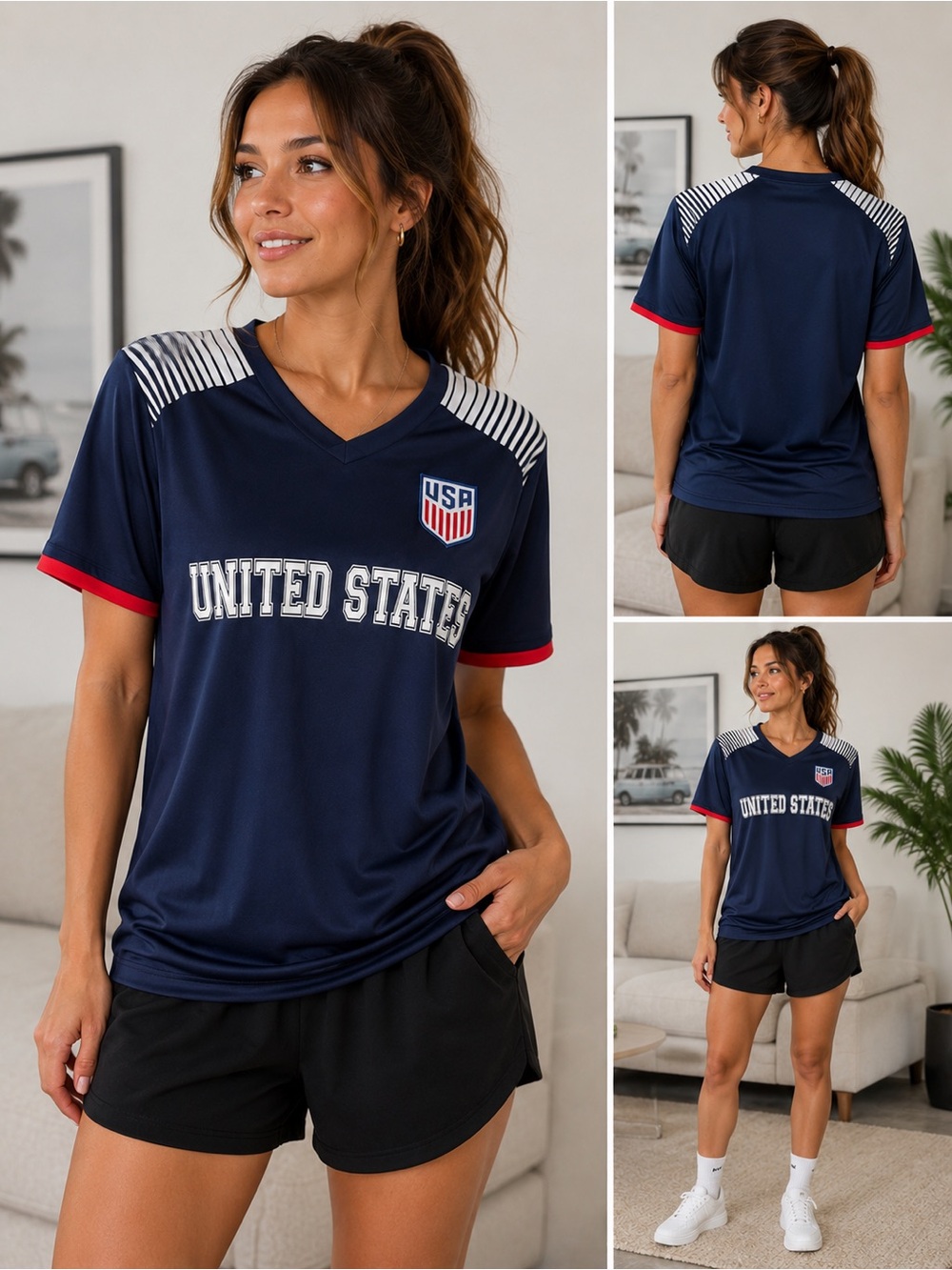 USA United States Navy Blue Short Sleeve Tee with Red Accents
